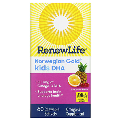 

Renew Life Norwegian Gold ДГК для детей со вкусом фруктового пунша 200 мг 60 жевательных таблеток