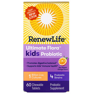Renew Life, Ultimate Flora Kids Probiotic, Sun-Kissed Orange Flavor, 1 Billion Live Cultures, 60 Chewable Tablets