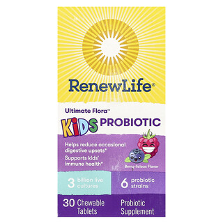 Renew Life, Ultimate Flora, Kids Probiotikus, Bogyós, 3 milliárd élő kultúra, 30 rágótabletta