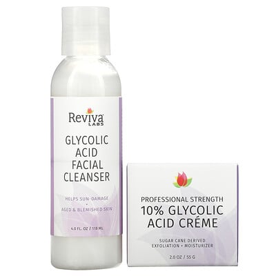 Reviva Labs Glycolic Duo, крем с 10% гликолевой кислотой и очищающее средство для лица с гликолевой кислотой, 2 шт.