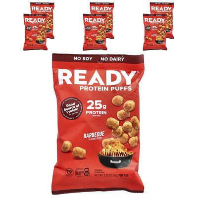 Ready, Bocadillos proteicos, Barbacoa, 6 bolsas, 80 g (2,82 oz) cada una