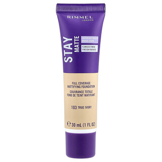 Rimmel London, Stay Matte, Fond de ten matifiant cu acoperire completă, 103 True Ivory, 1 fl oz (30 ml)