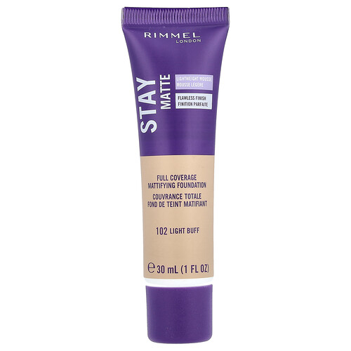 Rimmel London, Stay Matte, Full Coverage Mattifying Foundation, mattierende Foundation mit voller Abdeckung, 102 Light Buff, 30 ml (1 fl. oz.)