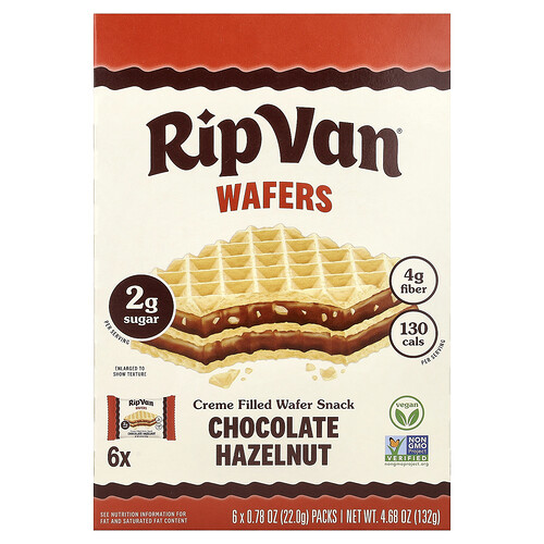 Rip Van Wafels, Creme Filled Wafer Snack, Chocolate Hazelnut, 6 Pack, 0.78 oz (22 g) Each