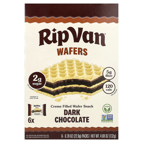 Rip Van Wafels Creme Filled Wafer Snack, Dark Chocolate, 6 Packs, 0.78 oz (22 g) Each