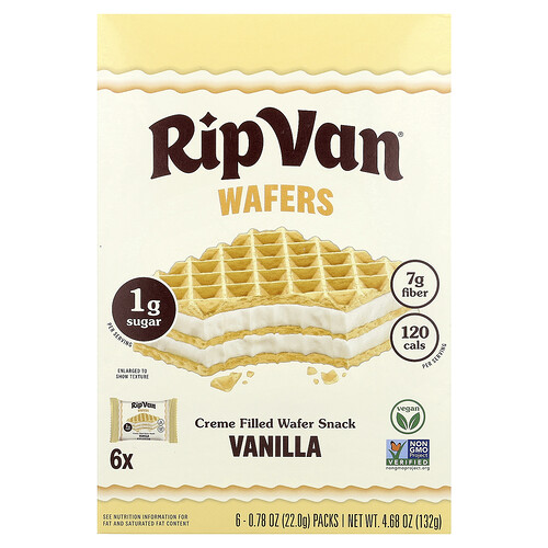 Rip Van Wafels Creme Filled Wafer Snack, Vanilla, 6 Pack, 0.78 oz (22 g) Each