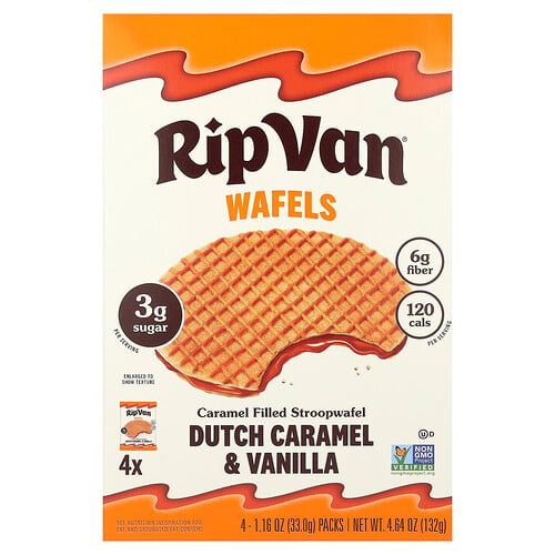 Rip Van Wafels, Caramel Filled Stroopwafel, Dutch Caramel & Vanilla, 4 Packs, 1.16 oz (33 g) Each