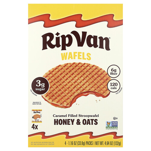 Rip Van Wafels, Caramel Filled Stroopwafel, Honey & Oat, 4 Packs, 1.16 oz (33 g) Each