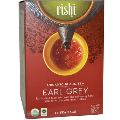 Rishi Tea Органический черный чай, эрл грей, 15 чайных пакетиков, 1.75 унций (49.5 г)