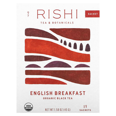 Rishi Tea Органический черный чай, английский завтрак, 15 пакетиков, 48 г (1,69 унции)