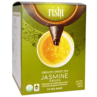 Rishi Tea, Органический зеленый чай, зеленый жасмин, 15 чайных пакетиков, 1.48 унции (42 г) каждый