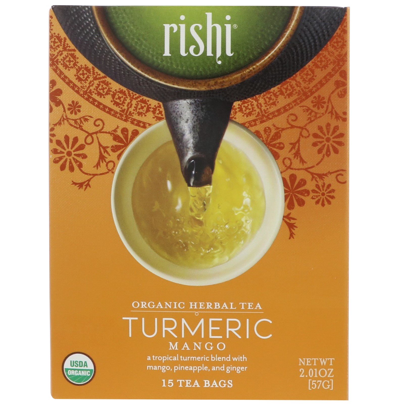 Rishi Tea Organic Herbal Tea Turmeric Mango 15 Tea Bags 2 01 Oz 57 