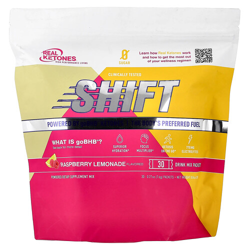 Real Ketones Shift, Raspberry Lemonade, 30 Drink Mix Packets, 0.27 oz (7.6 g) Each