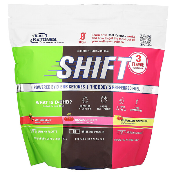 Real Ketones Shift, Variety Pack, Watermelon, Black Cherry, Raspberry Lemonade, 30 Packets