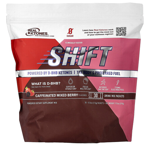 Real Ketones, Shift, Bayas mixtas con cafeína, 30 sobres, 7,3 g (0,26 oz) cada uno