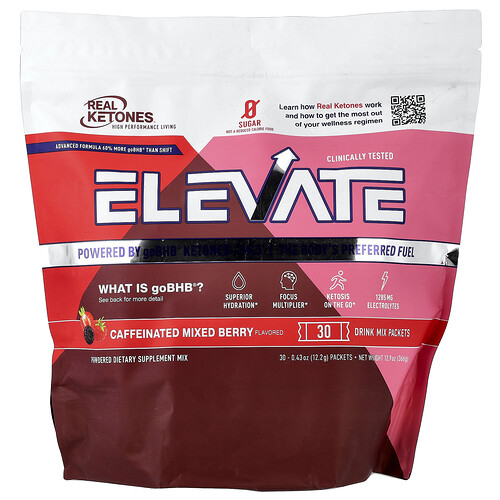 Real Ketones Elevate, Caffeinated Mixed Berry, 30 Drink Mix Packets, 0.43 oz (12.2 g) Each