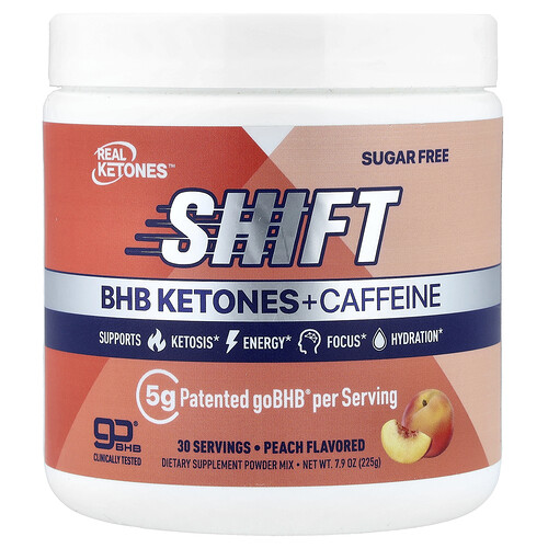 Real Ketones Shift, BHB Ketones + Caffeine Powder Mix, Peach, 7.9 oz (225 g)