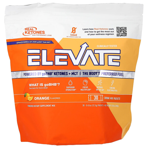 Real Ketones Elevate, Orange, 30 Drink Mix Packets, 0.43 oz (12.3 g) Each