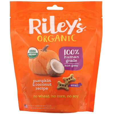 Riley’s Organics Лакомства для собак, маленькая косточка, рецепт с тыквой и кокосом, 142 г (5 унций)