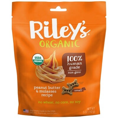 Riley’s Organics лакомства для собак, маленькая косточка, рецепт с арахисовым маслом и патокой, 142 г (5 унций)
