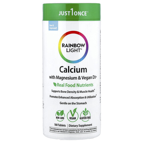 Rainbow Light, Calcium, magnésium et vitamine D3+ végane, 180 comprimés