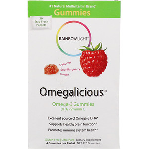 Отзывы о Раинбов Лигхт, Omegalicious, Omega-3 Gummies, Sour Raspberry, 30 Packets, 4 Gummies Each