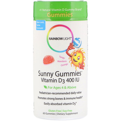 Rainbow Light Sunny Gummies, витамин D3, терпкий мандарин и апельсин, для детей возрастом от 4 лет, 400 МЕ, 60 жевательных конфет