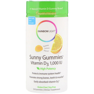 Rainbow Light, Витамин D3, солнечные жевательные таблетки с лимонным вкусом, 1 000 МЕ, 50 жевательных таблеток