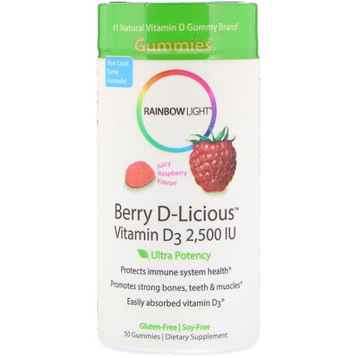 Rainbow Light Berry D-Licious, витамин D3, со вкусом малины, 2,500 МЕ, 50 желейных конфет