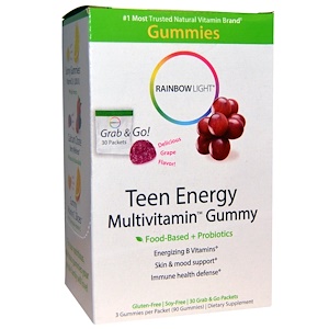 Rainbow Light, Энергетические жевательные мультивитамины для подростков, Восхитительный вкус винограда, 30 пакетов