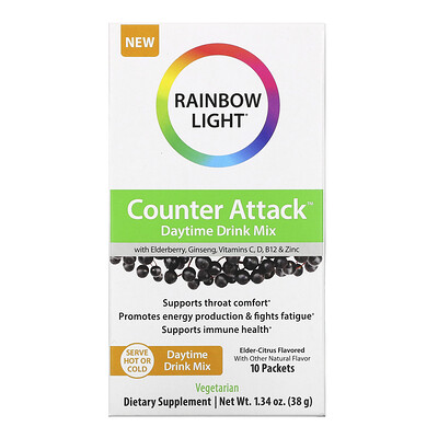 Rainbow Light Counter Attack, Daytime Drink Mix with Elderberry, Ginseng, Vitamins C, B12 & Zinc, Elder-Citrus, 10 Packets, 0.1 oz (3.8 g) Each