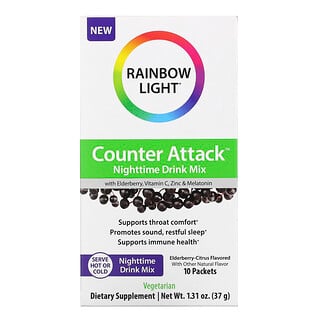 Rainbow Light, Counter Attack, Nighttime Drink Mix with Elderberry, Vitamin C, Zinc and Melatonin, Elderberry-Citrus, 10 Packets, 0.1 oz (3.7 g) Each