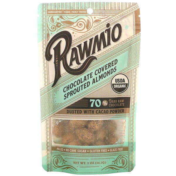 Rawmio, チョコレートがけ発芽アーモンド、56.7g（2オンス）