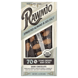 Rawmio, Μπάρα μαύρης σοκολάτας, 70% κακάο, φύτρο αμυγδάλου και θαλασσινό αλάτι, 60 γρ.