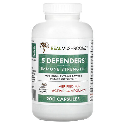 

Real Mushrooms 5 Defenders, порошок с экстрактом грибов, 200 капсул