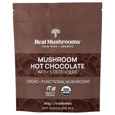 Real Mushrooms, Chocolate caliente con hongos y 5 Defenders®, 240 g