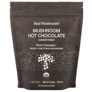 Real Mushrooms, Coklat Panas Cendawan dengan 5 Defenders®, Tanpa Gula, 8.47 oz (240 g)
