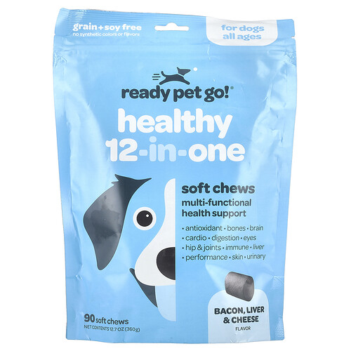 Ready Pet Go, Healthy 12-In-One, For Dogs, All Ages, Bacon, Liver & Cheese, 90 Soft Chews, 12.7 oz (360 g)