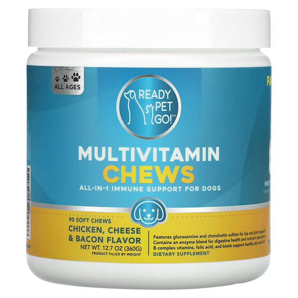 Ready Pet Go, Multivitamin Chews, All-In-1 Immune Support For Dogs, All Ages, Chicken, Cheese & Bacon, 90 Soft Chews