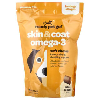 Ready Pet Go, Comprimidos masticables saludables con omegas, ayuda para la piel y el pelaje de los perros de todas las edades, aceite de pescado y queso, 90 comprimidos masticables