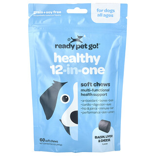 Ready Pet Go, Sağlıklı 12'si Bir Arada, Köpekler İçin, Her Yaş, Pastırma, Karaciğer ve Peynir, 60 Yumuşak Çiğneme, 8,5 oz (240 g)