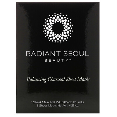 Radiant Seoul Балансирующие угольные тканевые маски, 5 тканевых масок, весом 25 мл (0,85 унции) каждая