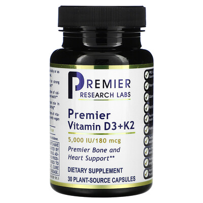 Premier Research Labs Premier Vitamin D3+ K2 5 000 IU/180 mcg 30 Plant-Source Capsules