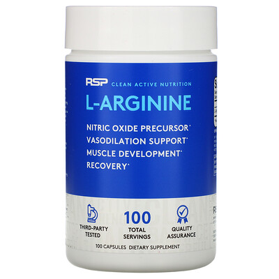 RSP Nutrition L-аргинин, прекурсор оксида азота, 750 мг, 100 капсул