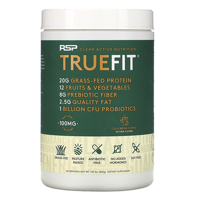 RSP Nutrition TrueFit, сывороточный протеин травяного откорма с фруктами и овощами, холодный кофе, 840 г (1,85 фунта)