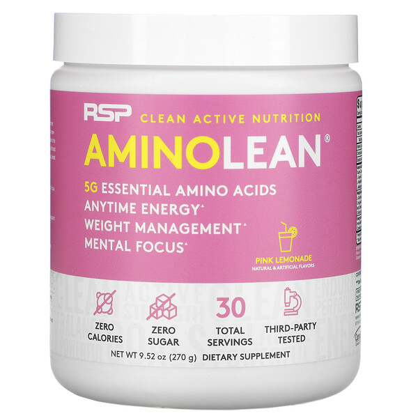 RSP Nutrition, AminoLean, незаменимые аминокислоты и энергия в любое время, со вкусом розового лимонада, 270 г (9,52 унции)