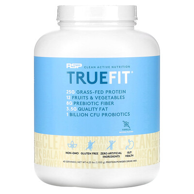 RSP Nutrition, TrueFit, Grass-Fed Protein Powder Drink Mix with Fruits & Veggies, Vanilla, 4.23 lbs (1,920 g)