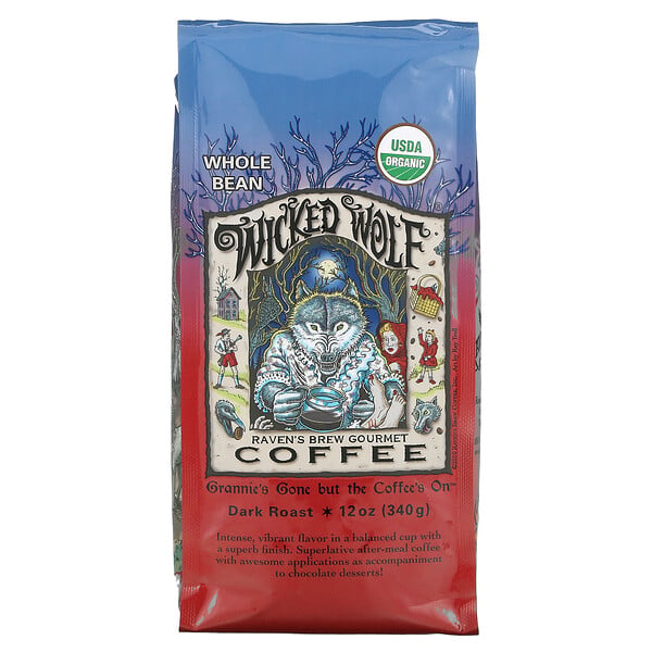Raven's Brew Coffee, Wicked Wolf Coffee, органический, цельные зерна, темная обжарка,  340 г (12 унций)