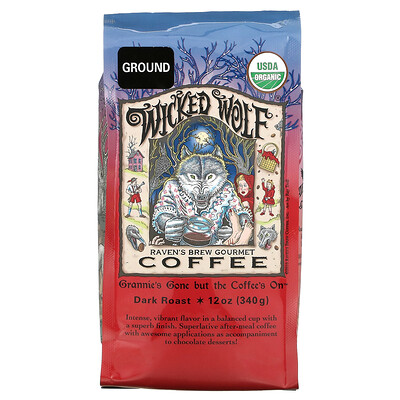 Raven's Brew Coffee Wicked Wolf Coffee, органический, молотый, темной обжарки, 340 г (12 унций)