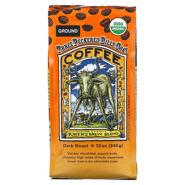 Three Peckered Billy Goat Coffee, Organic, Ground, Dark Roast, 12 oz (340 g)